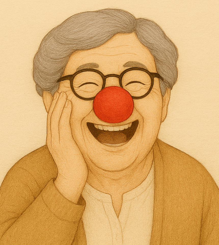 glad äldre dam med clownnäsa röd