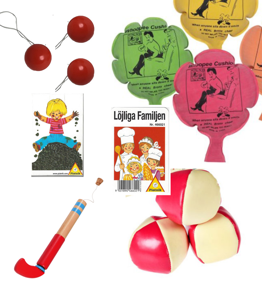 kit skratt korkpistol, pruttkuddar, jonglerbollar, clownnäsa, löjliga, svarte